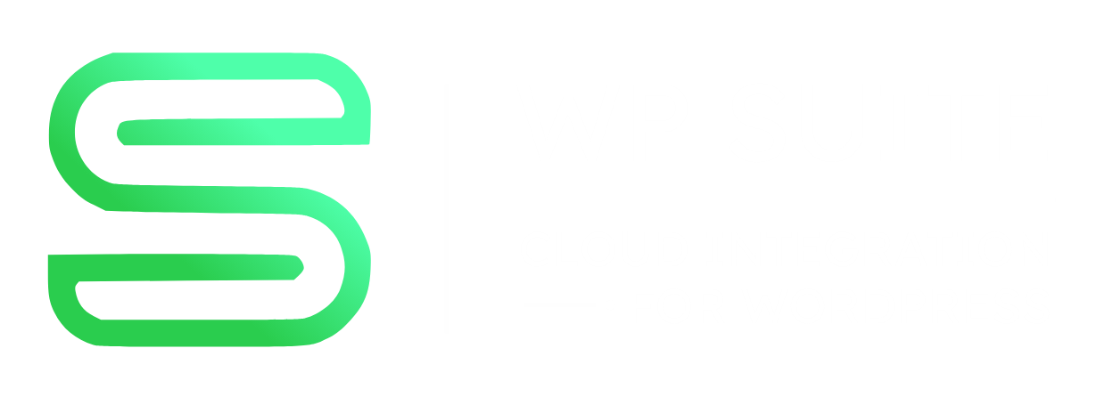 WP Suite logo: green stylized “S” icon next to text “WP SUITE — Cloud Integration for WordPress”