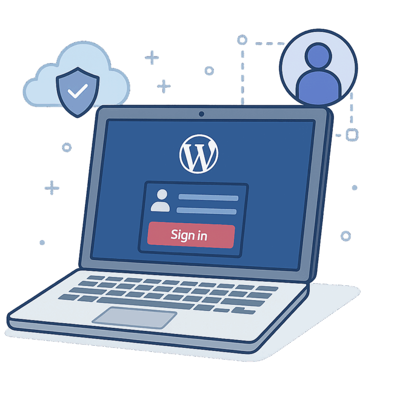 Illustrated laptop with WordPress login form on screen and cloud/auth icons in the background
