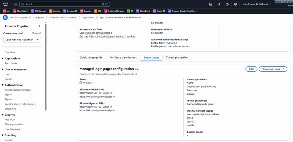 Amazon Cognito App Client – Hosted UI settings Cognito App client settings showing Hosted UI callbacks and identity providers.