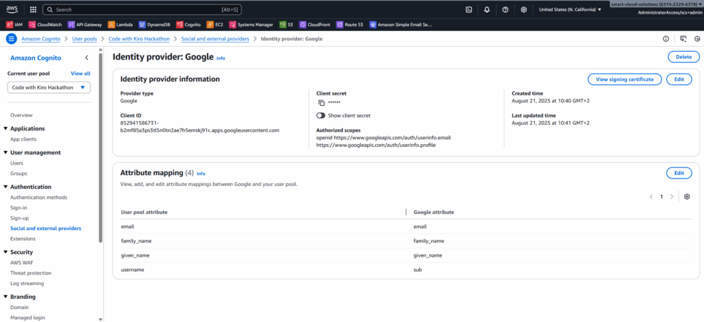 Cognito – Google IdP configuration Cognito Google identity provider with attribute mapping.