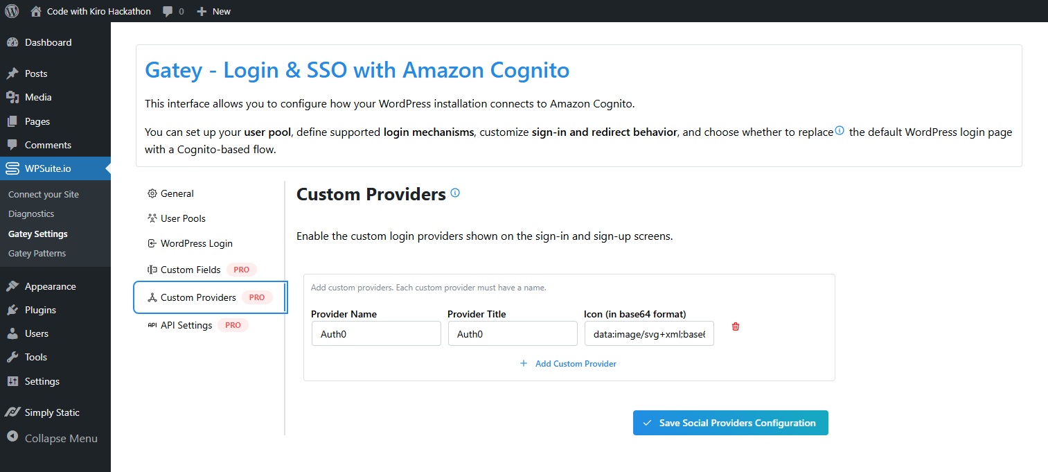 Gatey – Custom Providers setup Gatey plugin Custom Providers settings with Auth0 entry.
