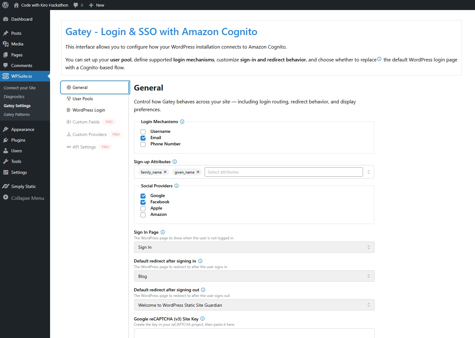 Gatey – General login settings Gatey plugin General settings in WordPress.