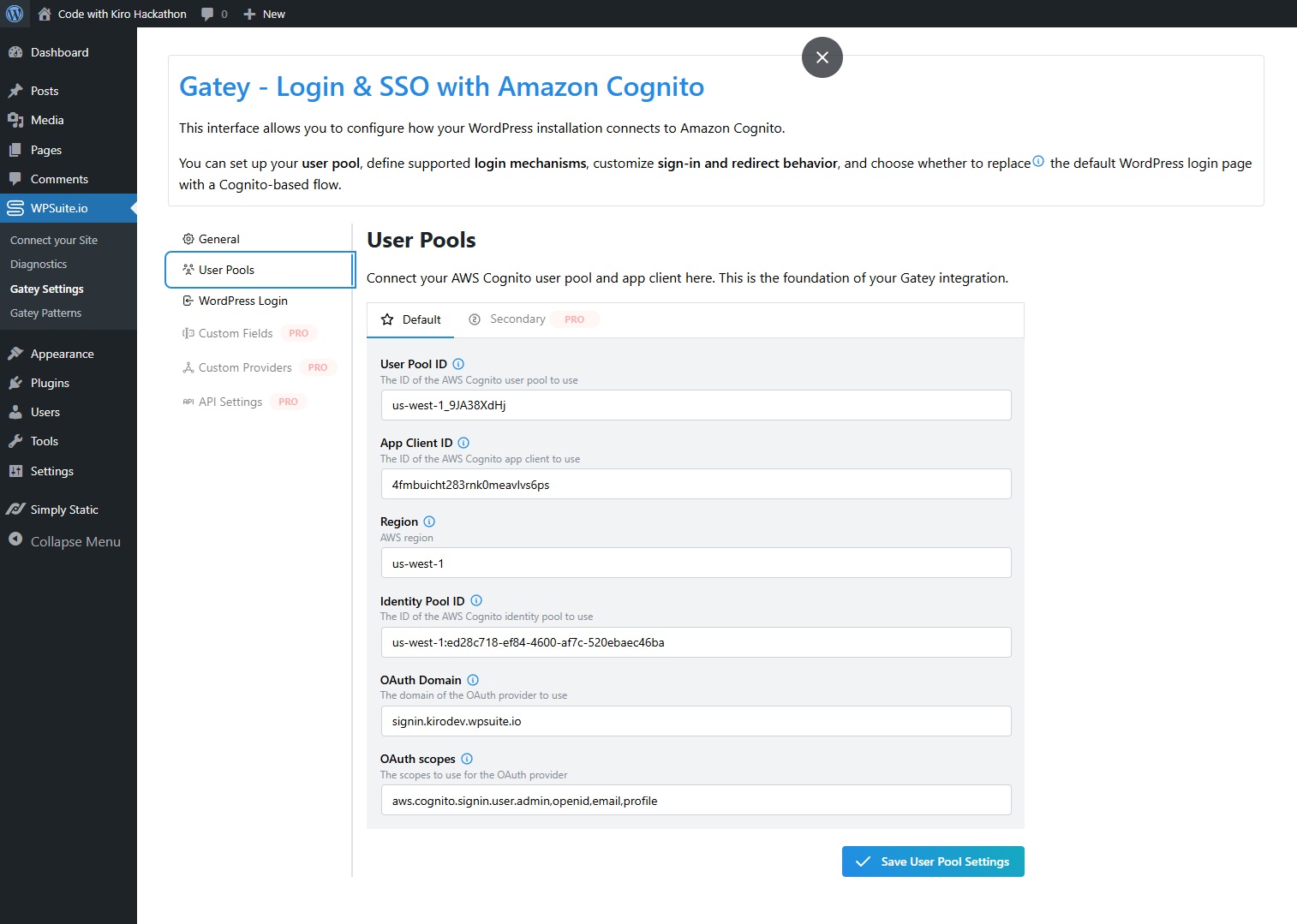 Gatey – User Pools settings Gatey plugin User Pools configuration in WordPress.