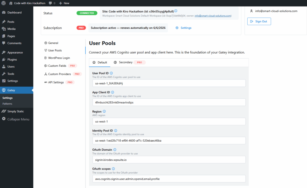 Gatey – User Pools settings Gatey plugin User Pools configuration in WordPress.