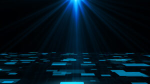 Abstract blue digital grid with light rays symbolizing secure connections and data flow.
