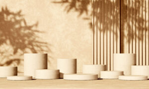 Background illustration with podium-style beige blocks symbolizing plugin features and pricing comparison