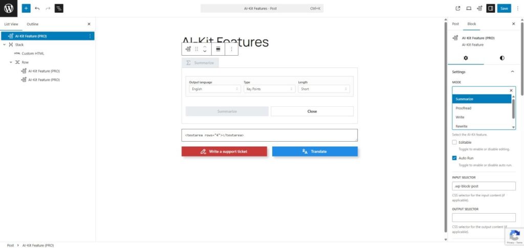 AI-Kit Feature Block Configuration AI-Kit Feature block configured in the WordPress editor with summarize, write, rewrite, and proofread modes