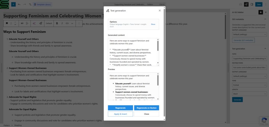 AI-Kit Text Generation Panel AI-Kit text generation panel inside the Gutenberg editor sidebar for writing and rewriting content