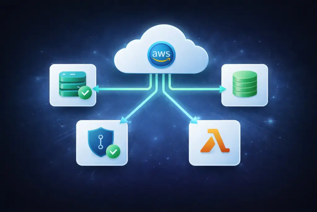 SmartCloud deployment templates featured image AWS cloud services connected to databases and security icons