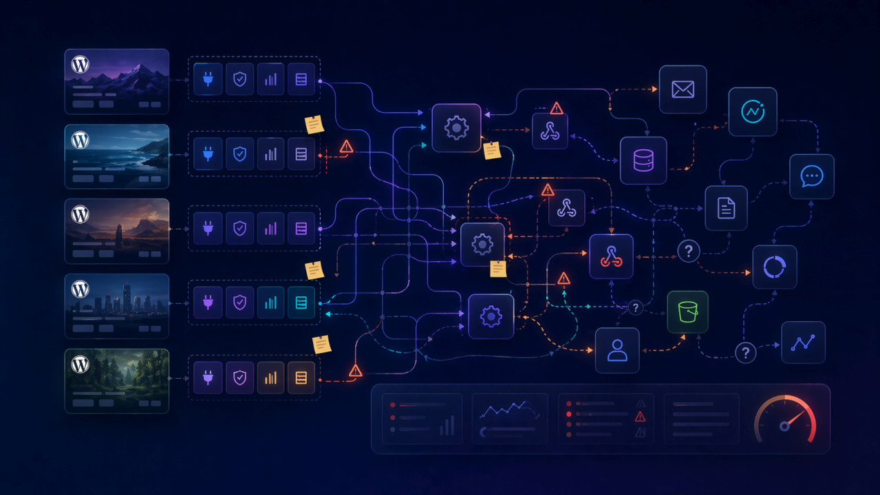 Fragmented WordPress delivery model with disconnected plugins, integrations, and operational complexity across multiple client sites