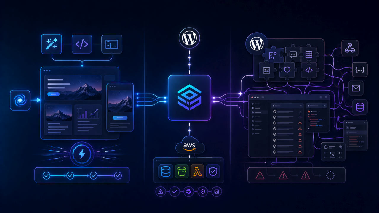 Split architecture illustration comparing modern AI-generated frontend workflows and legacy WordPress backend sprawl, unified by WP Suite and AWS
