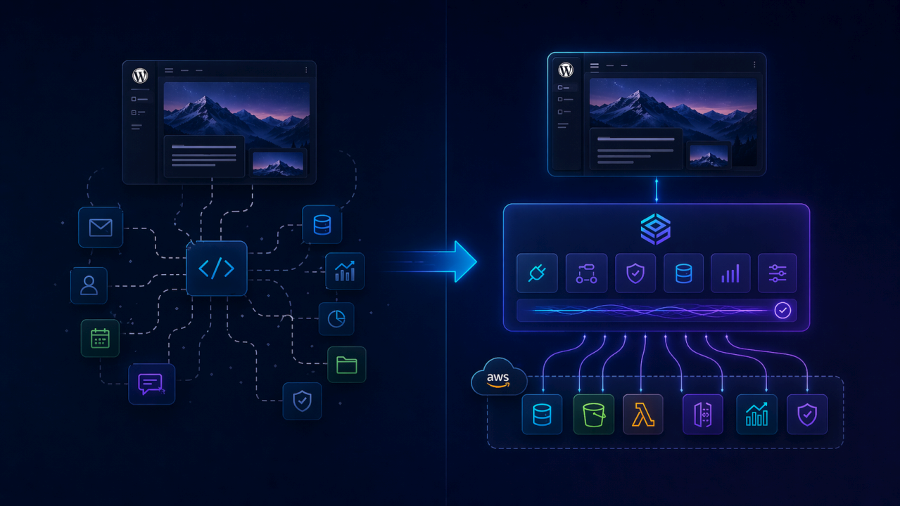 Before-and-after diagram showing a shift from fragmented WordPress glue code and SaaS tools to WP Suite with a client-owned AWS backend