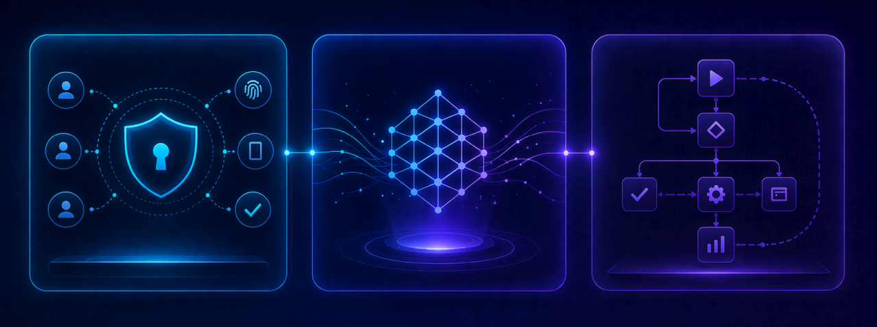 Three connected capability panels representing secure access, AI features, and workflow automation in WP Suite