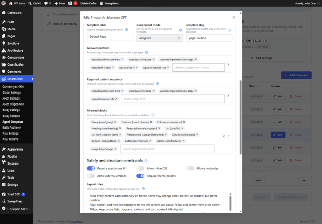 Agent Composer blueprint settings defining approved patterns, Gutenberg blocks and safety constraints for AI-generated WordPress drafts.