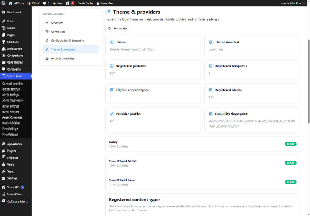 Agent Composer discovering the active WordPress theme, registered patterns, templates, blocks and plugin capability providers