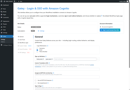 Gatey WordPress plugin “General” settings page showing options for Login Mechanisms, Sign-up Attributes, Custom Translations URL, Google reCAPTCHA v3 Site Key, Sign In Page, and other preferences.