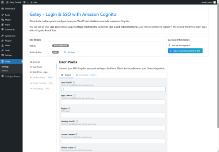 Gatey WordPress plugin “User Pools” settings page with empty fields for User Pool ID, App Client ID, Region, Identity Pool ID, OAuth Domain, and OAuth scopes.