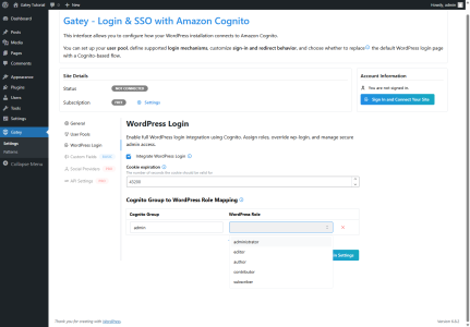 Gatey WordPress plugin “WordPress Login” settings page showing options to integrate wp-login, set cookie expiration, and map Cognito groups to WordPress roles.