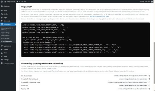 AI-Kit Diagnostics Origin Trial settings in WordPress admin showing required Chrome Origin Trial tokens and flags for on-device AI APIs