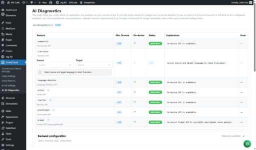 AI-Kit Diagnostics dashboard in WordPress admin showing on-device AI feature availability and backend fallback status