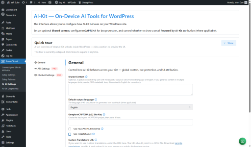AI-Kit settings screen in WordPress admin showing on-device AI feature configuration