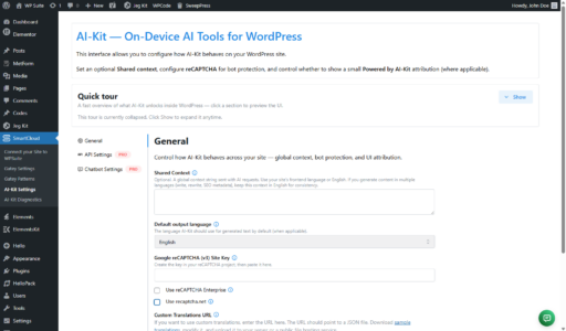 AI-Kit settings screen in WordPress admin showing on-device AI feature configuration