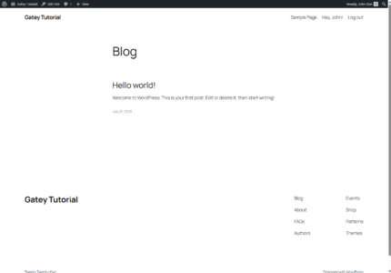 Front-end view of a WordPress site navigation that displays “Hey, John” with a “Log out” link for authenticated users, and shows a “Log in” link when not logged in.