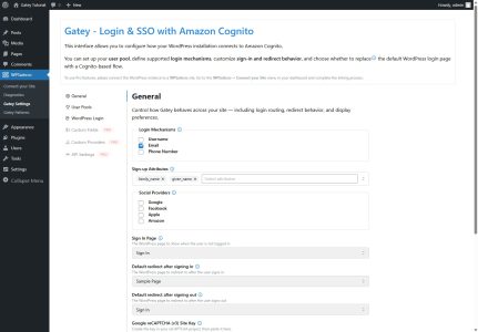 Gatey WordPress plugin “General” settings page showing options for Login Mechanisms, Sign-up Attributes, Custom Translations URL, Google reCAPTCHA v3 Site Key, Sign In Page, and other preferences.