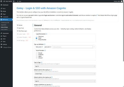 Gatey WordPress plugin “General” settings page showing options for Login Mechanisms, Sign-up Attributes, Custom Translations URL, Google reCAPTCHA v3 Site Key, Sign In Page, and other preferences.