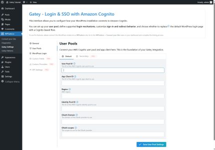 Gatey WordPress plugin “User Pools” settings page with empty fields for User Pool ID, App Client ID, Region, Identity Pool ID, OAuth Domain, and OAuth scopes.