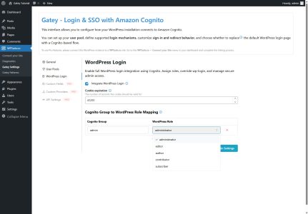 Gatey WordPress plugin “WordPress Login” settings page showing options to integrate wp-login, set cookie expiration, and map Cognito groups to WordPress roles.