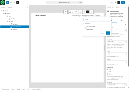 WordPress Site Editor displaying the Header template part; the Account Attribute block is selected, showing its link field set to /profile while other menu items are visible.