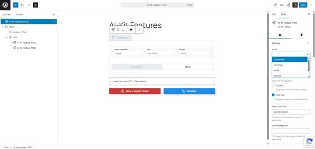 AI-Kit Feature block configured in the WordPress editor with summarize, write, rewrite, and proofread modes