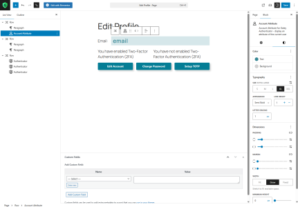 WordPress Gutenberg editor showing an “Edit Profile” page that uses Gatey Account Attribute and Authenticator blocks.