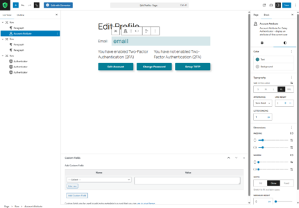 WordPress Gutenberg editor showing an “Edit Profile” page that uses Gatey Account Attribute and Authenticator blocks.