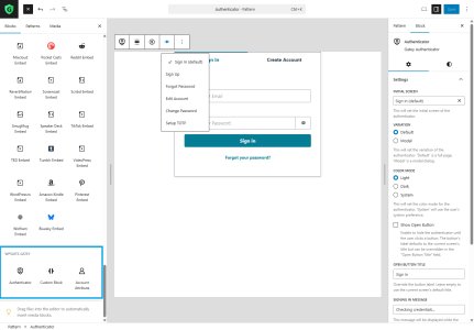 Gutenberg editor interface showing the Authenticator sign-in form (email, password, sign-in button) embedded on a page with block panel visible.