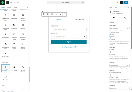 Gutenberg editor interface showing the Authenticator sign-in form (email, password, sign-in button) embedded on a page with block panel visible.