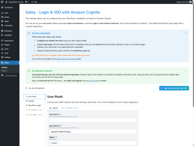 WordPress admin dashboard showing the Gatey “Settings” page with User Pool ID, App Client ID and Region fields.
