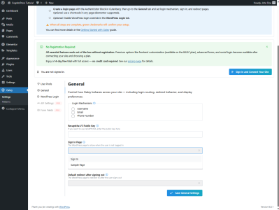 WordPress Admin “Gatey → Settings → General” tab showing options for Login Mechanisms, reCAPTCHA key, Sign In Page dropdown set to “Sign In,” and Default Redirect after sign-out.