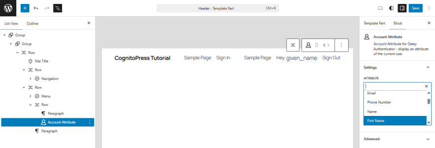 WordPress Site Editor showing the Header template part with the Gatey “Account Attribute” block selected in the List View and the block settings sidebar listing attributes (Email, Phone Number, Name, First Name).