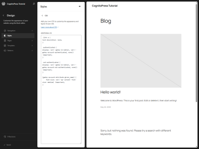 WordPress Full Site Editor “Styles → CSS” panel showing Additional CSS code for Gatey account visibility classes (.authenticated, .not-authenticated and account-attribute font-size).