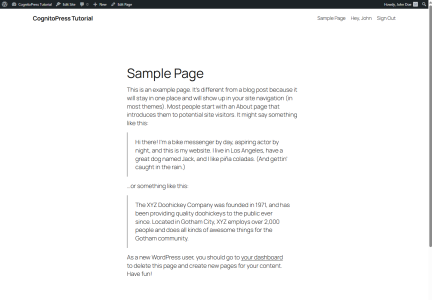 Front-end view of a WordPress site navigation that displays “Hey, John” with a “Sign Out” link for authenticated users, and shows a “Sign In” link when not logged in.