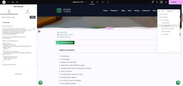 AI-Kit Feature shortcode used in Elementor to add a frontend AI summarize button