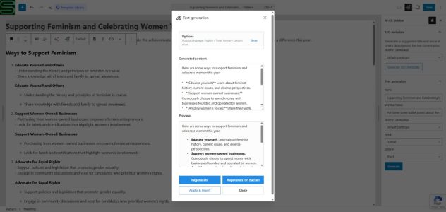 AI-Kit text generation panel inside the Gutenberg editor sidebar for writing and rewriting content
