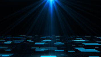 Abstract blue digital grid with light rays symbolizing secure connections and data flow.